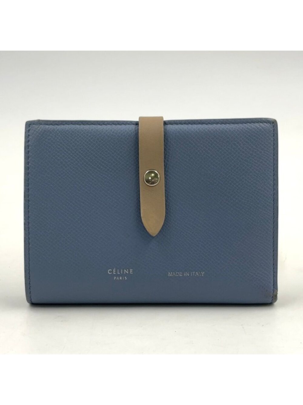 Celine Medium Strap Wallet Leather Beige Light Blue Bifold Silver